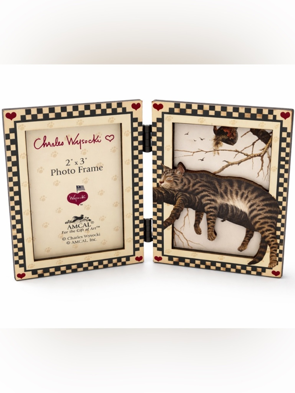 Charles Wysocki Hinged Double Photo Frame in Cream and Black Check